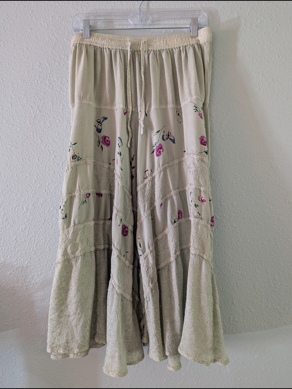Boho Floral Tiered Maxi Skirt - Sage with Pink Accents